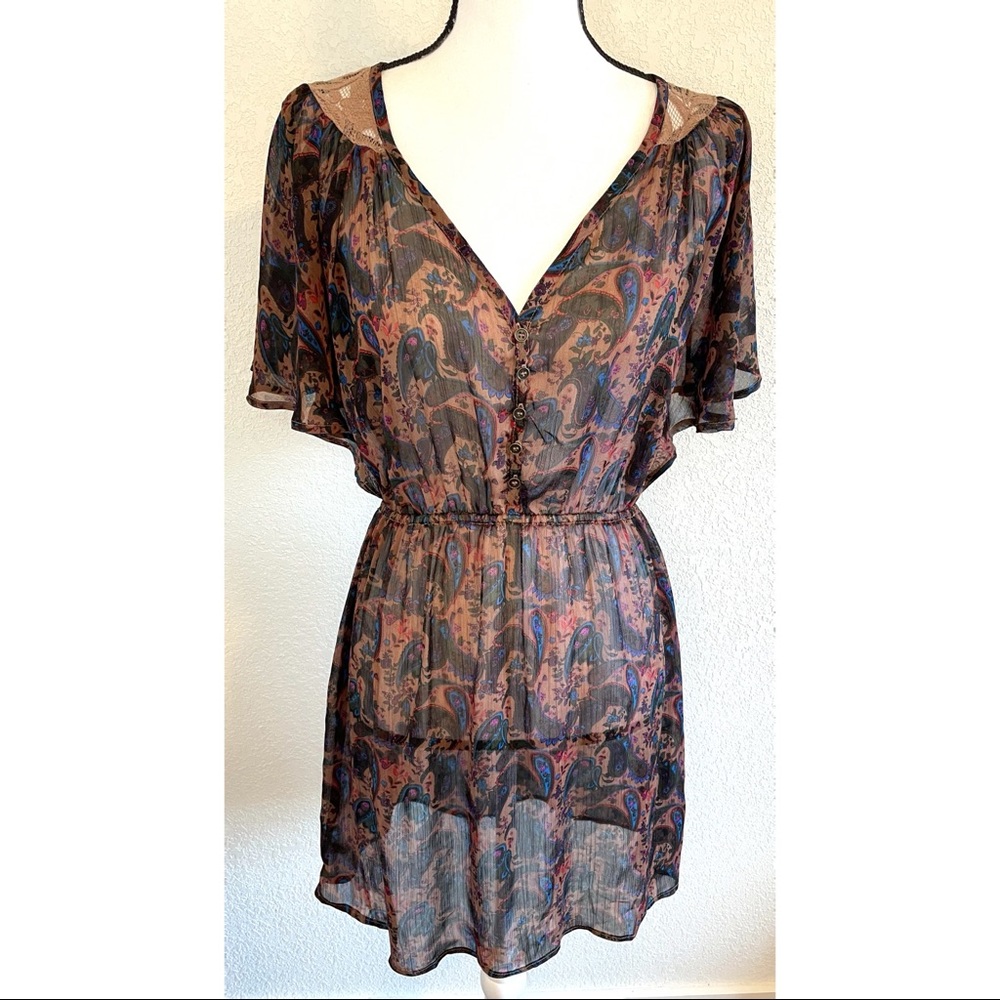 Xhiliration brown paisley print sheer dress small